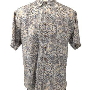 Vintage Eddie Bauer 100% linen Men's Blue and Cream Patterned Shirt vaca